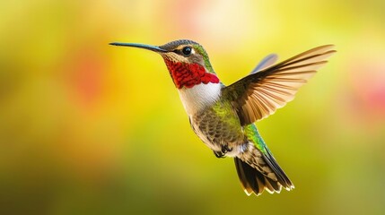 Naklejka premium A vibrant hummingbird hovering near pink flowers over water. Nature, wildlife, delicate wings, and colorful beauty. Generated by AI.