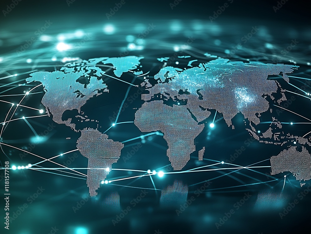 Poster World Map Highlighting Advanced Digital Network Connections for Global Internet Connectivity : Generative AI