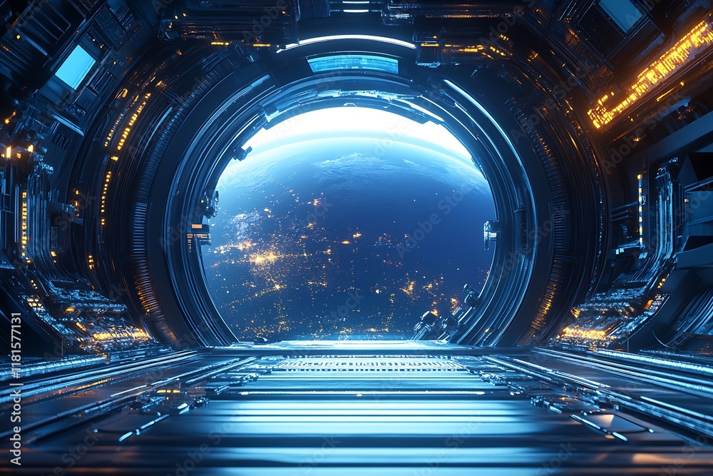 Poster advanced spacecraft observation window revealing earth and distant stars : generative ai