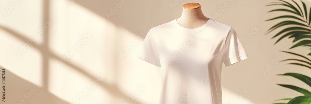 Aufkleber white t shirt mockup displayed on mannequin in a studio with plants and window light creating a styl