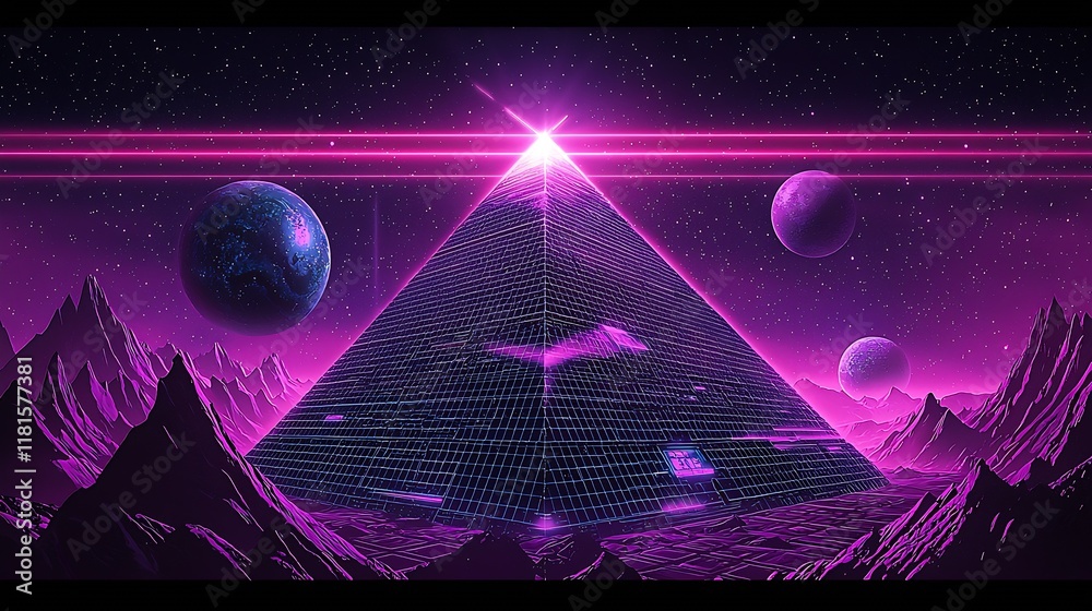 Aufkleber sci-fi pink pyramid in digital outer space with planets and starry sky : generative ai