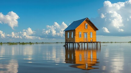 Obraz premium A resilient wooden home standing tall on stilts, surrounded by rising floodwaters reflecting the sky