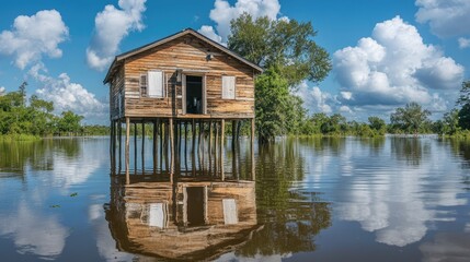 Fototapeta premium A resilient wooden home standing tall on stilts, surrounded by rising floodwaters reflecting the sky