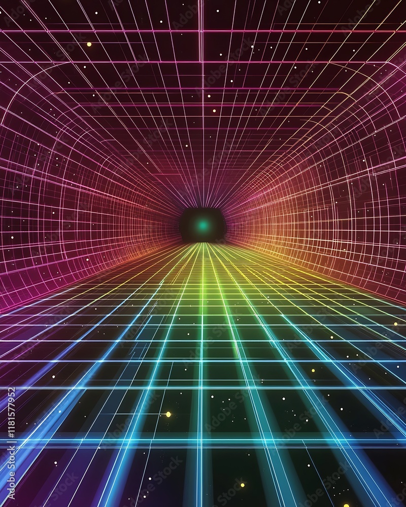 Poster Vibrant Colorful Cyber Space with Neon Grid and Depth Perspective Sci-Fi Art : Generative AI