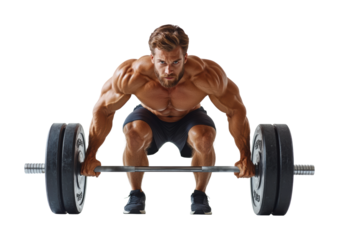 Muscular fitness model demonstrating strength training by lifting a heavy barbell in an indoor gym setting. Isolated on transparent background, png.