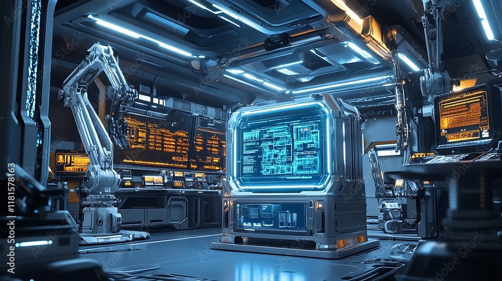 Aufkleber Futuristic data processing center with robotic automation and displays : Generative AI