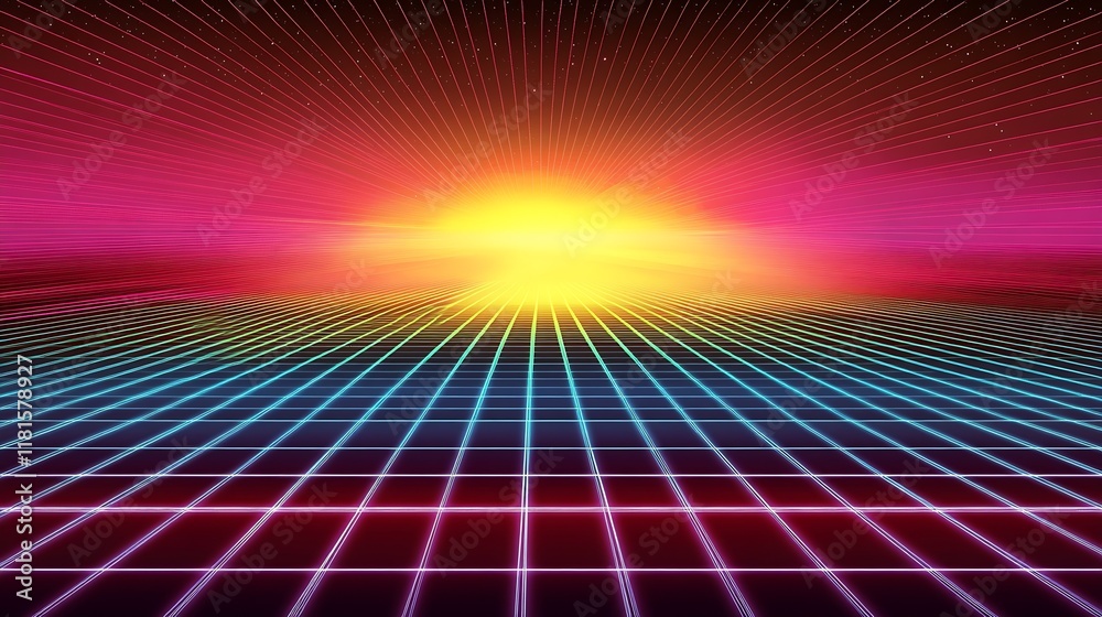 Aufkleber Digital Horizon with Vibrant Neon Colors and Grid Illusion Creating a Futuristic Sci-fi World : Generative AI