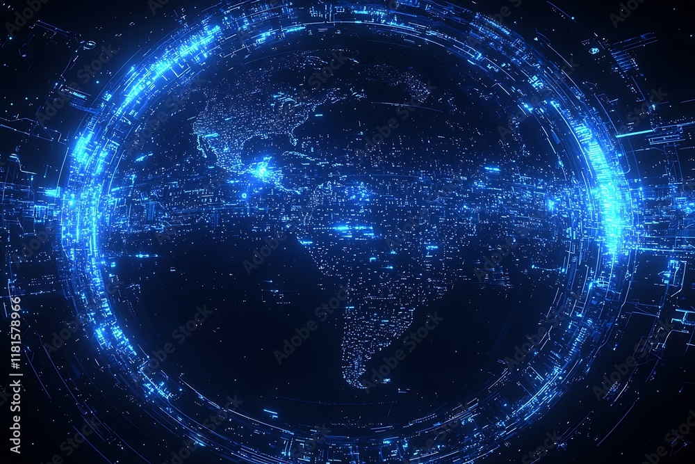 Aufkleber Glowing Digital World Map with Blue Highlights and Futuristic Network Connectivity : Generative AI