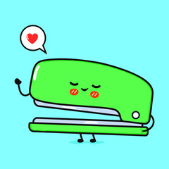 Stapler in love character. Vector hand drawn cartoon kawaii character illustration icon. Isolated on blue background. Stapler character concept