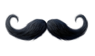 Black handlebar moustache illustration with realistic texture and detailed curved shape, bold facial hair symbol isolated on transparent background