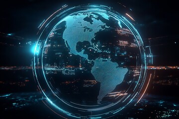 Obraz premium High-Tech Global Network Concept with a Blue Digital Earth Grid Interface : Generative AI
