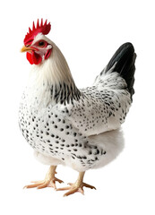 Fototapeta premium Portrait of a colorful chicken showcasing striking black and white plumage. Isolated on transparent background, png.