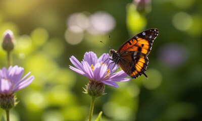 Fototapeta premium A delicate butterfly with vibrant orange and black wings, gently perched on a single lavender flower, its wings slightly open