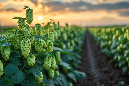 A detailed view of the cultivation of the hop plant, featuring lush green hop bines climbing trellises under the bright sky, symbolizing agriculture, brewing, and sustainable farming practices.