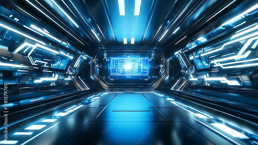 Poster Sci-Fi Themed Futuristic Hallway with Blue Neon Lighting and High-Tech Digital Elements : Generative AI