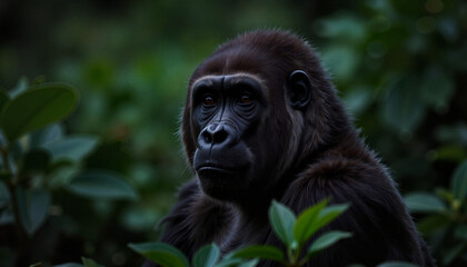 Obraz premium Somber eastern lowland gorilla in tropical woods at dusk, endangered conservation