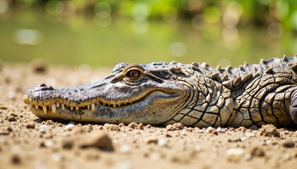 Obraz premium Chinese alligator basking on muddy bank in wetland, endangered species