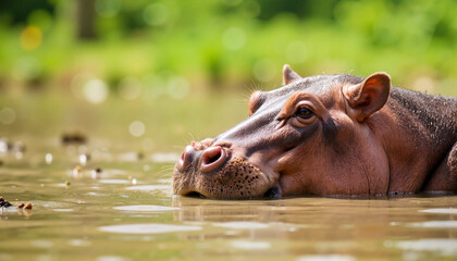 Fototapeta premium Pygmy hippo relaxing in warm water, wildlife tranquility