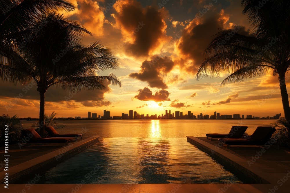 Wall mural Miami sunset, poolside luxury, city skyline