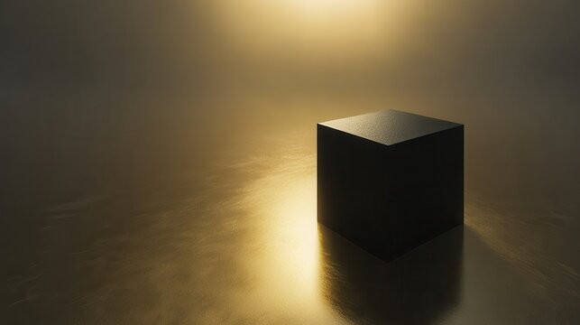 Minimalist Black Cube on Gold Surface with Dramatic Light and Shadow