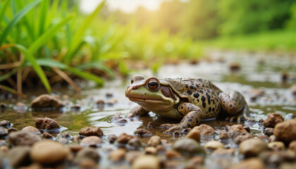 Obraz premium Leopard frog observing surroundings by riverbed at sunset, nature's wonder