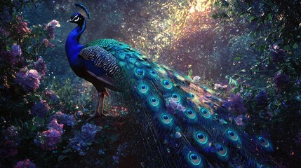 Naklejka premium Vibrant peacock with an open tail standing in lush greenery surrounded by colorful flowers. Sunlight streams through the leaves, creating a magical and serene scene. Generative by AI.