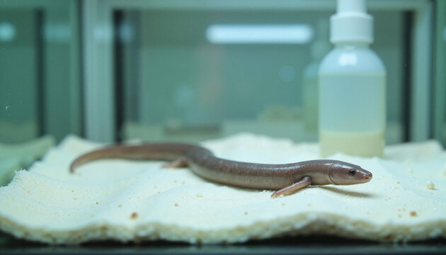Realistic aquatic caecilian in laboratory tank, amphibian research