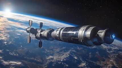 Obraz premium Futuristic spacecraft orbiting Earth.