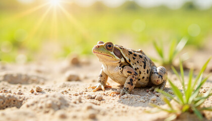 Fototapeta premium Natterjack toad basking under sunlight on sandy ground, nature's peace