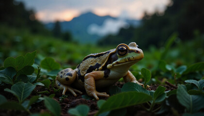 Fototapeta premium Peruvian frog observing twilight in lush foliage, nature's beauty