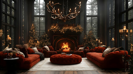 Obraz premium Cozy Christmas Living Room Decor Creates Warmth with Fireplace, Candles, and Festive Trees
