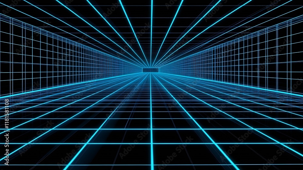 Poster Futuristic Neon Grid Tunnel with Digital Perspective in SciFi Conceptual Design : Generative AI