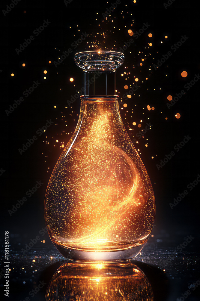 Aufkleber a golden sparkling silhouette of a perfume bottle, glowing with delicate particle effects, displayed