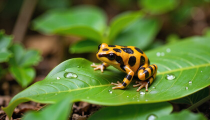 Fototapeta premium Poison dart frog resting on green leaf in lush jungle, nature's beauty