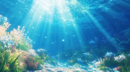 Naklejka premium Sunlit Underwater Scene with Coral Reef and Filtered Light Rays.