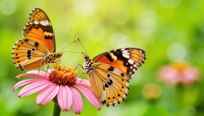 Obraz premium Exotic butterflies resting on vibrant flowers in jungle clearing, nature's beauty