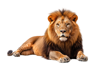 Majestic lion lying down, wild animal with thick golden mane, strong body, and piercing gaze, king of the jungle pose isolated on transparent background