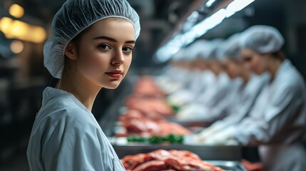Young woman in a meat processing facility observing colleagues prepare cuts of meat under bright lighting during a busy work shift