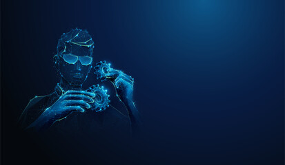 Abstract illustration of low poly engineer developer assemble cogwheel gears mechanism. Blue geometric background depicting innovation development, industrial engineering concept by wireframe mesh