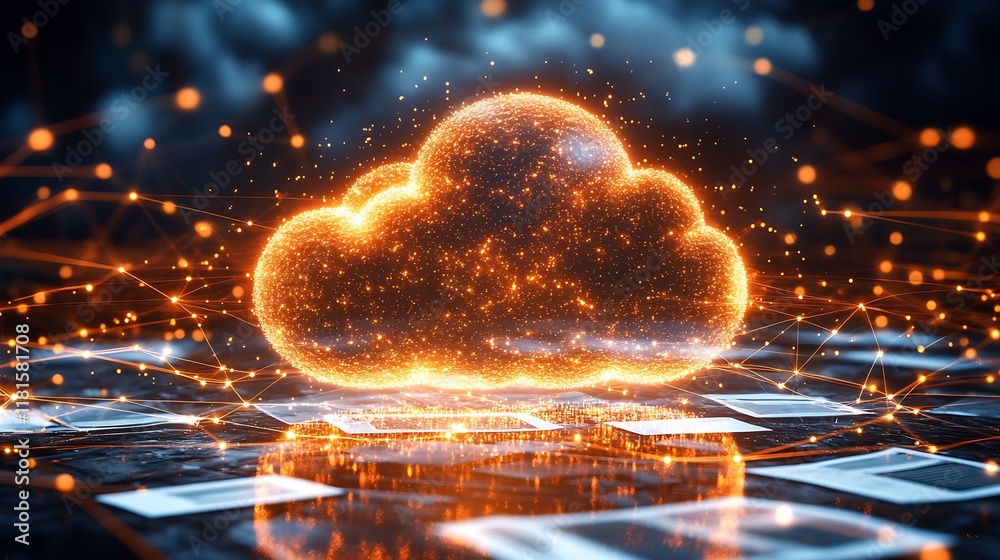 Poster Futuristic cloud technology with vivid orange glow symbolizing data and connectivity : Generative AI