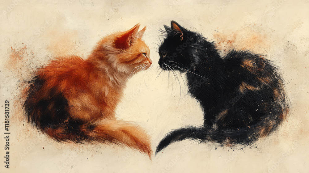 Poster an artistic representation of two cats with fluffy tails entwined into a heart shape, placed on a mi
