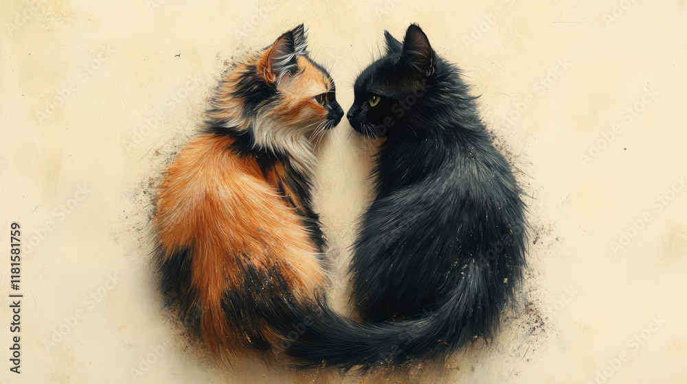 Poster an artistic representation of two cats with fluffy tails entwined into a heart shape, placed on a mi