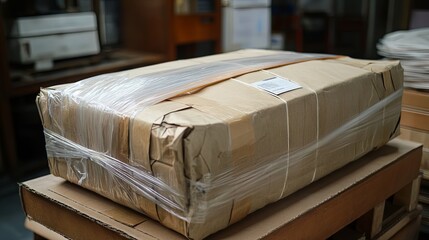 Large Cardboard Box Wrapped in Plastic, Ready for Shipment