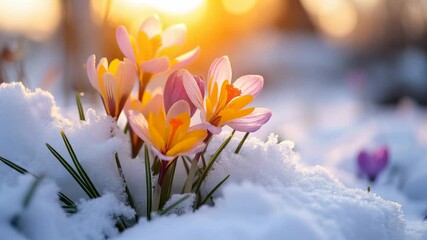Snowdrops bloom through snow against spring landscape in warm sunny rays, awakening of nature theme