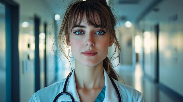 Female doctor looking at the camera inside hospital - Medical professional and health care concept - Model by AI generative
