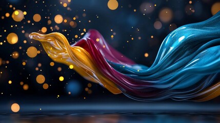 Abstract Colorful Liquid Swirl Dynamic 3D Render Gold Teal Burgundy Bokeh Background