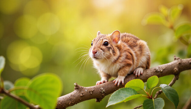 Elegant degu exploring branch in vibrant bushland at dawn, nature's beauty