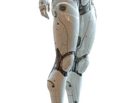 Advanced white robotic legs with futuristic design, mechanical cybernetic components, innovative AI-powered technology for robotics, science fiction, and automation isolated on transparent background