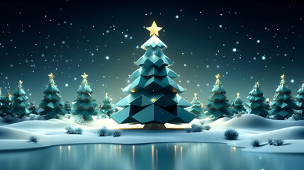 Obraz premium Christmas Trees Glow in Snowy Landscape by a Frozen Lake at Night