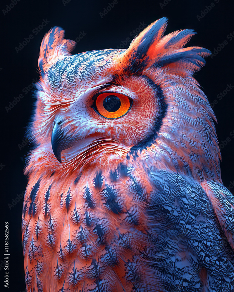 Poster an artistic representation of an owl with bright neon plumage and piercing eyes, placed on a minimal